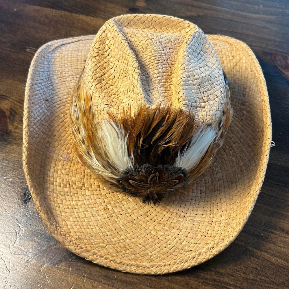 Vintage Shady Brady Straw Cowboy Hat Small Feather Band Raffia Western Americana